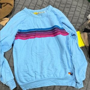 Aviator Nation Light Blue Sweater with Pink and Purple Stripes